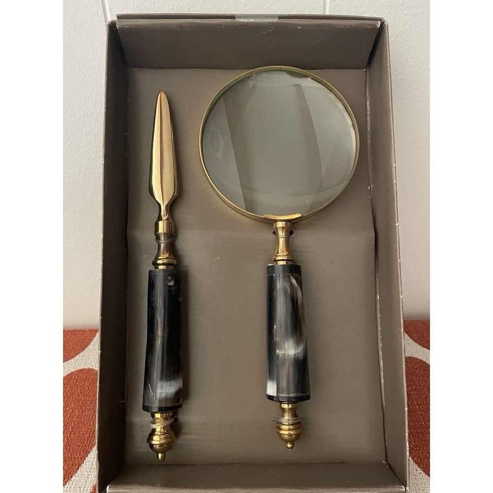 Pier 1 Imports Magnifying Glass Letter Opener Set Vintage Metal Black Brass NOB